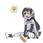  1girl absurdres african_penguin_(kemono_friends) black_gloves black_hair black_legwear black_shirt black_skirt blush boots closed_eyes commentary_request elbow_gloves eyebrows_visible_through_hair gloves headphones highres kemono_friends long_hair microphone multicolored_hair official_alternate_costume penguin_girl penguin_tail pink_hair pleated_skirt shirt sitting skirt solo spoken_animal tail thighhighs turtleneck two-tone_legwear two-tone_shirt uubira_nu_issha virtual_youtuber white_footwear white_hair white_legwear white_shirt zettai_ryouiki 