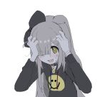  1girl animal_collar black_bow black_hoodie blunt_bangs blush bow collar drooling fang fewer_digits floppy_ears furrowed_brow furry furry_female grey_hair hair_bow hands_on_own_head highres hood hood_down hoodie long_hair long_sleeves looking_at_viewer mouth_drool nervous_sweating one_eye_covered original oyasu_miyo print_hoodie simple_background skin_fang smile smiley_face solo sweat upper_body vreparty white_background 