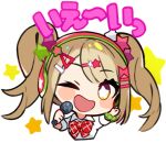 1girl ;d arm_up blonde_hair bow bowtie bright_pupils chibi collared_shirt cropped_torso denonbu green_scrunchie hair_ornament hairclip hand_up headphones holding holding_microphone kayano_futaba kurumitsu long_hair looking_at_viewer lowres microphone official_art one_eye_closed open_mouth red_bow red_bowtie scrunchie shirt smile solo star-shaped_pupils star_(symbol) star_hair_ornament symbol-shaped_pupils translation_request transparent_background twintails upper_body white_pupils white_shirt wrist_scrunchie yellow_eyes 
