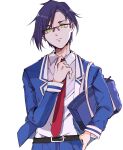  1boy adjusting_clothes adjusting_necktie bag belt black_hair bookbag glasses hand_up haniwa15 highres long_sleeves male_focus munou_na_nana necktie red-framed_eyewear red_neckwear school_uniform simple_background solo standing tachibana_jin thumb_in_pocket white_background yellow_eyes 