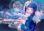  1girl absurdres bag blue_eyes blue_hair blue_kimono bow cityscape closed_mouth diffraction_spikes fireworks fish from_behind goldfish hair_bow highres hirogaru_sky!_precure holding holding_bag japanese_clothes kimono long_sleeves looking_at_viewer looking_back medium_hair mountainous_horizon night obi outdoors precure print_kimono sash shuu_(mniarnoakou) side_ponytail single_sidelock smile solo sora_harewataru standing wide_sleeves yellow_bow yukata 