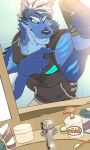  abs anthro bathroom blue_body blue_fur canid canine canis fur hi_res male mammal mirror mirror_selfie muscular muscular_anthro muscular_male nipples pecs selfie sleeveless_hoodie solo tindalos_(tas) tokyo_afterschool_summoners tonokonn video_games wolf 