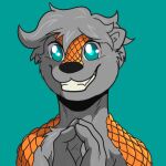  2021 absurd_res anthro digital_media_(artwork) dragon fur grey_body grey_fur hair hi_res hybrid looking_at_viewer lutrine male mammal mustelid prismanoodle_(artist) scales scalie simple_background smile solo 