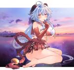  1girl ahoge bangs barefoot blue_archive blue_hair blush breast_curtain breasts commentary_request cosplay elbow_gloves eyebrows_visible_through_hair feet finger_to_mouth full_body ganyu_(genshin_impact) genshin_impact gloves goat_horns grin hair_between_eyes hand_up highres horns large_breasts legs long_hair looking_at_viewer miniskirt pleated_skirt purple_eyes red_gloves red_sailor_collar red_skirt sailor_collar sitting skirt smile solo tassel toes tsubaki_(blue_archive) tsubaki_(blue_archive)_(cosplay) tsuka underboob very_long_hair 