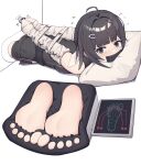  ^^^ arknights arms_behind_back bare_shoulders barefoot bdsm belt black_eyes black_hair bondage bound bound_arms bound_toes feet focus gag highres improvised_gag juzi_(orange8619) la_pluma_(arknights) lying on_stomach pillow restrained scared simple_background soles tape tape_gag tears tickling tickling_feet toes trembling 