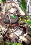  1girl adjusting_hair apron bangs black_legwear blush collar elf enj! looking_at_viewer maid maid_apron maid_headdress multiple_swords original pointy_ears sidelocks sitting sword thighhighs weapon 