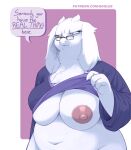 anthro areola biped boss_monster_(undertale) bovid breasts caprine clothed clothing clothing_lift dialogue female fur goat goolee mammal purple_eyes shirt shirt_lift solo speech_bubble topwear toriel undertale_(series) white_body white_fur