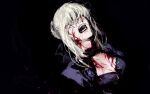  1girl artoria_pendragon_(fate) black_background blonde_hair blood blood_on_face breasts dress facing_up fate/stay_night fate_(series) forzen hair_over_eyes heaven&#039;s_feel medium_breasts open_mouth portrait purple_dress saber_alter screaming short_hair sidelocks simple_background solo 