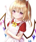  &gt;:( 1girl apron blonde_hair crystal dress flandre_scarlet hands_together highres looking_at_viewer maid_apron multicolored multicolored_wings nyanyanoruru ponytail red_dress red_eyes red_ribbon ribbon simple_background solo touhou white_background wings yellow_neckwear 