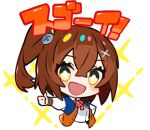  1girl :d blush bow bowtie brown_hair chibi collared_shirt cropped_torso denonbu green_eyes hair_between_eyes hair_ornament hidaka_reina_(denonbu) jacket kurumitsu long_sleeves looking_at_viewer lowres official_art open_clothes open_jacket open_mouth orange_jacket red_bow red_bowtie shirt side_ponytail smile solo thumbs_up translation_request transparent_background upper_body white_shirt x_hair_ornament 
