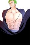  1boy abs bare_pectorals black_kimono earrings eg_(eastg111) feet_out_of_frame from_below green_hair highres japanese_clothes jewelry kimono large_pectorals male_focus muscular muscular_male navel nipples one_eye_closed one_piece open_clothes pectorals roronoa_zoro scar scar_across_eye scar_on_chest scar_on_face short_hair sideburns single_earring solo 