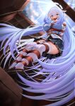  1girl absurdres aibaihe arms_behind_back azur_lane ball_gag bdsm black_footwear bondage bound bound_ankles bound_arms bound_legs breast_bondage character_request crotch_rope gag gagged highres long_hair red_rope restrained rope shibari shibari_over_clothes shoes strangling tied_up_(nonsexual) uniform white_hair 