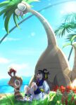  1boy alolan_exeggutor applin arm_support bellossom black_hair blue_shirt blurry blurry_foreground collared_shirt commentary_request day grass hairband highres jacket kieran_(pokemon) looking_up male_focus necktie open_mouth outdoors palm_tree pokemon pokemon_(creature) pokemon_sv red_necktie sentret shiina_(shinao29) shirt shoes shorts sitting socks tree white_footwear white_jacket white_shorts yellow_eyes yellow_hairband 