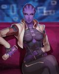  1girl alien annoyed aria_t&#039;loak_(mass_effect) asari black_gloves blue_eyes breasts cleavage colored_skin commission cup fingerless_gloves gloves hand_on_own_stomach holding holding_cup looking_at_viewer mass_effect mass_effect_2 medium_breasts nesoun parted_lips pink_skin science_fiction sitting solo tentacle_hair 