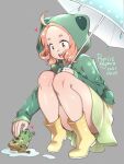  1girl 2021 agawa_ryou animal_hood boots dated frog frog_hood green_eyes grey_background hood long_hair looking_down original red_hair simple_background solo squatting thighs umbrella 