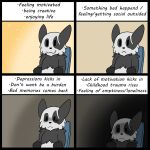  absurd_res black_body black_fur comic darknetic depression digital_media_(artwork) english_text feral fluffy fur happy hi_res male nintendo pangoose pok&eacute;mon pok&eacute;mon_(species) ray_the_pangoose sad simple_background solo text vent vent_art video_games white_body white_fur 