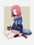  1girl bag black_cat cat chihi_bear flcl full_body highres lips long_hair long_sleeves looking_at_viewer plaid plaid_skirt red_hair sailor_collar samejima_mamimi school_uniform serafuku skirt solo 