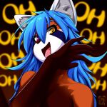  ailurid anthro blue_hair bust_portrait female giant_panda hair hi_res laugh mammal moonfluffmf orange_eyes portrait purple_eyes red_panda smile solo ursid 