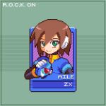  1girl aile_(mega_man_zx) biometal blue_jacket brown_hair character_name closed_mouth cropped_jacket green_eyes henshin_pose holding jacket mega_man_(series) mega_man_zx model_x_(mega_man) nghtmrsrph pixel_art robot_ears spiked_hair upper_body 