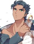  1boy bandaged_chest black_hair chain closed_mouth collarbone earrings green_eyes jewelry jojo_no_kimyou_na_bouken kotorai kujo_jotaro looking_at_viewer male_focus medium_sideburns muscular muscular_male short_hair simple_background solo upper_body white_background 