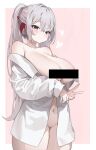  1girl absurdres bar_censor breasts censored chimyo commission grey_eyes grey_hair heart highres korean_commentary large_breasts long_hair navel original ponytail solo v 