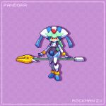  1girl armor black_bodysuit bodysuit character_name copyright_name crop_top crotch_plate floating grey_hair helmet looking_at_viewer mega_man_(series) mega_man_zx model_w_(mega_man) nghtmrsrph pandora_(mega_man) pixel_art power_armor red_eyes shadow solo staff white_armor white_headwear 