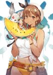  1girl atelier_(series) atelier_ryza atelier_ryza_2 belt bikini bikini_bottom breasts brown_belt clover earrings eating fi_(atelier) food food_on_face four-leaf_clover fruit hair_ornament highres jewelry large_breasts leather_belt looking_at_viewer midriff navel necklace reisalin_stout shirt single_sidelock sweat swimsuit tan tanline thick_thighs thighs tied_shirt toridamono watermelon white_headwear yellow_bikini zanshomimai 