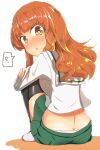  1girl :o ? black_socks blouse blunt_bangs commentary from_behind full_body girls_und_panzer green_skirt highres hugging_own_legs jinguu_(4839ms) long_hair long_sleeves looking_at_viewer midriff miniskirt ooarai_school_uniform orange_eyes orange_hair panties panty_peek parted_lips pleated_skirt sailor_collar school_uniform serafuku shirt shoes skirt socks solo spoken_question_mark takebe_saori underwear uwabaki white_background white_footwear white_sailor_collar white_shirt 