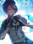  1boy absurdres backlighting black_gloves blue_eyes blue_hair blurry blurry_background blush checkered_clothes closed_mouth collared_shirt dreamxiety english_commentary gloves hair_between_eyes heart heart_hands highres idol kaito_(vocaloid) looking_at_viewer male_focus mouthpiece one_eye_closed petticoat project_sekai shirt short_hair smile solo upper_body vocaloid 