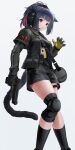  1girl :o absurdres animal_ears arknights bag black_bag black_gloves black_jacket black_shirt black_shorts black_socks black_tail cat_ears cat_girl cat_tail eyes_visible_through_hair feet_out_of_frame gloves green_eyes grey_background gun handgun headset highres holding holding_gun holding_weapon jacket jessica_(arknights) knee_pads kneehighs lanyard layered_sleeves light_blush long_sleeves looking_at_viewer microphone multicolored_hair open_clothes open_jacket open_mouth pink_hair purple_hair shirt short_hair short_over_long_sleeves short_sleeves shorts shoulder_bag simple_background single_knee_pad socks solo standing sthk streaked_hair tail trigger_discipline weapon yellow_gloves 