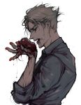  1boy blonde_hair blood blood_on_face blood_on_hands blue_shirt collared_shirt flesh highres holding inoji_73 jujutsu_kaisen male_focus nanami_kento parted_lips profile shirt short_hair solo 