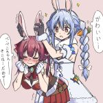  animal_ear_fluff animal_ears bangs blue_hair braid bunny-shaped_pupils bunny_ears carrot_hair_ornament coat food_themed_hair_ornament fur-trimmed_coat fur_trim hair_ornament hololive homura910210 houshou_marine jacket long_hair multicolored_hair red_hair red_jacket short_eyebrows sleeveless sleeveless_jacket swept_bangs thick_eyebrows translation_request twin_braids twintails two-tone_hair usada_pekora virtual_youtuber white_coat 