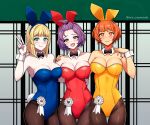  3girls alternate_costume animal_ears bernadetta_von_varley blonde_hair commission fake_animal_ears fake_tail fire_emblem fire_emblem:_three_houses green_eyes ingrid_brandl_galatea leonie_pinelli looking_at_viewer multiple_girls orange_eyes orange_hair playboy_bunny purple_eyes purple_hair rabbit_ears rabbit_tail rein_creamsoda tail 