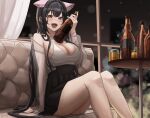  1girl :d animal_ears arm_support beer_bottle black_hair black_skirt blurry blush bottle breasts cat_ears cleavage commission couch depth_of_field drunk extra_ears hair_between_eyes high-waist_skirt highres holding holding_bottle illien_(illien) knees_up korean_commentary large_breasts long_hair looking_at_viewer night open_mouth original pucohiiiii red_eyes second-party_source see-through sidelocks sitting skirt smile solo tank_top white_tank_top 