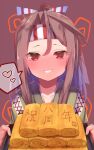  1girl atsutoku blush brown_eyes collarbone food hachimaki headband heart high_ponytail highres holding holding_food kantai_collection light_brown_hair long_hair omelet smile solo speech_bubble spoken_heart tamagoyaki upper_body zuihou_(kancolle) 