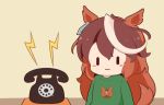  1girl :3 animal_ears antique_phone blush_stickers brown_hair chibi closed_mouth gomashio_(goma_feet) green_shirt horse_ears horse_girl horse_print horse_tail indoors lightning_bolt_symbol long_hair multicolored_hair phone print_shirt rotary_phone shirt solo symboli_rudolf_(umamusume) tail teleport two-tone_hair umamusume upper_body very_long_hair white_hair |_| 