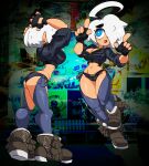  angel_(kof) backless_pants boots breasts chibi cowboy_boots cropped_jacket fingerless_gloves gloves hair_over_one_eye hat highres horns_pose jacket jellot large_breasts mexico midriff pants sombrero 