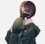  1girl black_mask brown_eyes brown_hair grey_background highres holding holding_stuffed_toy hood hood_down hyuuga_(kancolle) kantai_collection kazeshio long_sleeves looking_at_viewer mask mouth_mask revision short_hair simple_background sleeves_past_fingers sleeves_past_wrists solo stuffed_toy turtleneck upper_body 