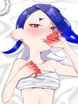  1girl blue_hair blush breasts cephalopod_eyes chest_sarashi closed_mouth commentary_request hachimaki hachimaki_removed headband highres looking_at_viewer lying medium_hair nejiri_hachimaki octoling on_back on_bed parted_lips red_eyes sarashi shiver_(splatoon) solo splatoon_(series) splatoon_3 sweat takagi_(tkgiii) tentacle_hair tooth_earrings 