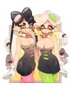  2girls absurdres bare_shoulders black_dress black_hair border bow-shaped_hair breasts bright_pupils callie_(splatoon) cleavage collar commentary detached_collar dress earrings food food_on_head gloves gradient_background green_pantyhose highres hoop_earrings inkling jewelry large_breasts long_hair magic_qy marie_(splatoon) mole mole_under_eye multiple_girls object_on_head orange_eyes outside_border pantyhose pink_hair pink_pantyhose pointy_ears short_hair simple_background smile splatoon_(series) squid standing star-shaped_pupils star_(symbol) strapless strapless_dress sushi symbol-shaped_pupils teeth tentacle_hair thick_eyebrows white_border white_collar white_gloves white_hair white_pupils yellow_background 