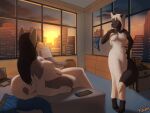  anthro bed bedroom bedroom_eyes big_breasts black_body black_hair bottomwear breasts building canid canine canis cellphone city cityscape clothed clothed/nude clothing cloud computer denim denim_clothing detailed_background domestic_dog dress duo evening female female/female fox fur furniture grey_body grey_fur hair hi_res hotel hotel_room husky jeans kaspiy kyra_(invasormkiv) laptop lying mammal narrowed_eyes nipples nordic_sled_dog nude on_bed pants phone romantic_couple seductive sky skyscraper smile spitz submissive submissive_female sun sunset trish_(invasormkiv) white_body white_fur white_hair window 