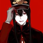  1boy adjusting_clothes adjusting_headwear androgynous black_cape black_hair black_headwear blood blood_on_hands cape fate/grand_order fate_(series) forzen gloves grey_gloves long_sleeves looking_at_viewer male_focus oda_nobukatsu_(fate) oda_uri pale_skin parted_lips portrait red_background red_eyes simple_background solo 