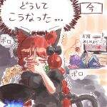  2girls animal_ears black_bow black_ribbon bow braid cat_ears cat_tail dress ears extra_ears eyeball hair_bow kaenbyou_rin komeiji_satori long_hair multiple_girls multiple_tails nekomata purple_hair red_hair ribbon short_hair sunyup tail third_eye touhou translation_request twin_braids 