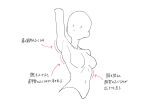  1girl arm_up arrow_(symbol) breasts closed_mouth commentary_request expressionless guide highres how_to monochrome navel original solo start_furuike translation_request upper_body 