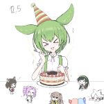  &gt;_&lt; 6+girls :3 birthday birthday_cake blue_hair blunt_bangs blush brooch brown_hair cake chibi commentary drill_hair facing_viewer food food_on_clothes food_on_face fork green_hair happy_aura heart highres holding holding_fork jewelry kasukabe_tsumugi kotonoha_akane kotonoha_aoi mini_person minigirl multiple_girls musical_note neck_ribbon pink_hair pink_ribbon puffy_short_sleeves puffy_sleeves ribbon shikoku_metan shirt short_hair short_sleeves simple_background sparkle strawberry_shortcake suspenders table touhoku_itako touhoku_kiritan touhoku_zunko twin_drills utau voiceroid voicevox vreparty white_background white_hair white_shirt zundamon 