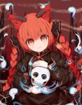  1girl absurdres black_dress black_ribbon braid brown_background closed_mouth commentary_request dress hair_ribbon highres kaenbyou_rin long_hair long_sleeves looking_at_viewer red_eyes red_hair ribbon ro.ro side_braids skull solo touhou twin_braids upper_body 