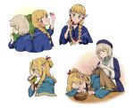  2girls artist_name back-to-back berry blanket blonde_hair blue_capelet blue_headwear blue_robe bowl braid capelet choker closed_eyes covering_with_blanket dungeon_meshi eating edomon-do elf falin_thorden food from_side green_eyes grey_hair hat highres holding holding_blanket holding_food holding_sandwich holding_spoon hood hooded_capelet long_hair marcille_donato multiple_girls multiple_views pointy_ears red_choker robe short_hair sleeping spoon twin_braids upper_body white_background white_robe 