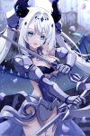  +_+ 1girl armor blue_eyes blue_wings breasts cleavage colored_eyelashes cross-shaped_pupils dragon_girl dragon_horns dragon_wings dual_wielding fang gauntlets highres holding holding_sword holding_weapon horns large_breasts long_hair looking_at_viewer nova_aokami parted_lips pointy_ears second-party_source smile solo sword symbol-shaped_pupils twintails uni_(maru231) virtual_youtuber vreverie weapon wings 