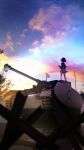  1girl akiyama_yukari anglerfish backlighting blackminolith_(2ne) blue_jacket blurry blurry_foreground cloud cloudy_sky commentary_request depth_of_field emblem facing_away fish flag girls_und_panzer highres holding jacket long_sleeves messy_hair military_uniform military_vehicle miniskirt motor_vehicle multicolored_sky on_vehicle ooarai_(emblem) ooarai_military_uniform outdoors panties pantyshot panzer_iv partial_commentary pleated_skirt short_hair skirt sky solo standing tank tank_shell twilight underwear uniform vehicle_focus white_flag white_skirt wind 