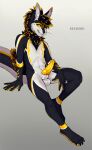 anthro ascended_xevian balls black_stripes feathers fur genitals gold_penis hi_res male penis presenting presenting_penis rexwind solo stripes white_body white_fur xevian_(xevianlight) yellow_body yellow_eyes yellow_feathers yellow_fur yellow_penis